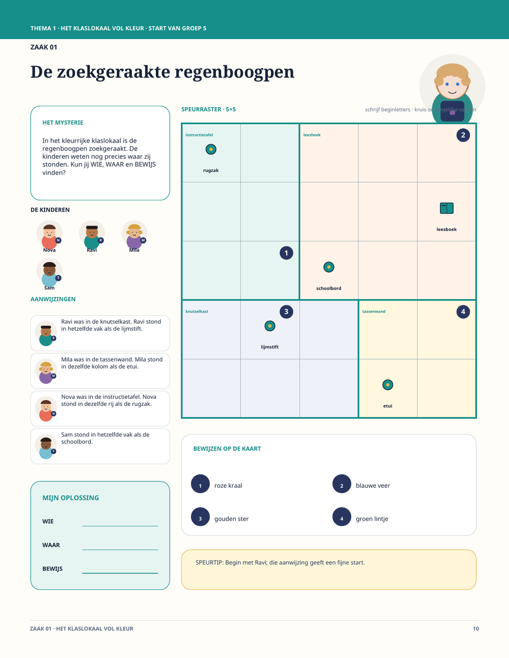 Voorbeeld van een 5 bij 5 detectivepuzzel uit ALIBRIX Junior