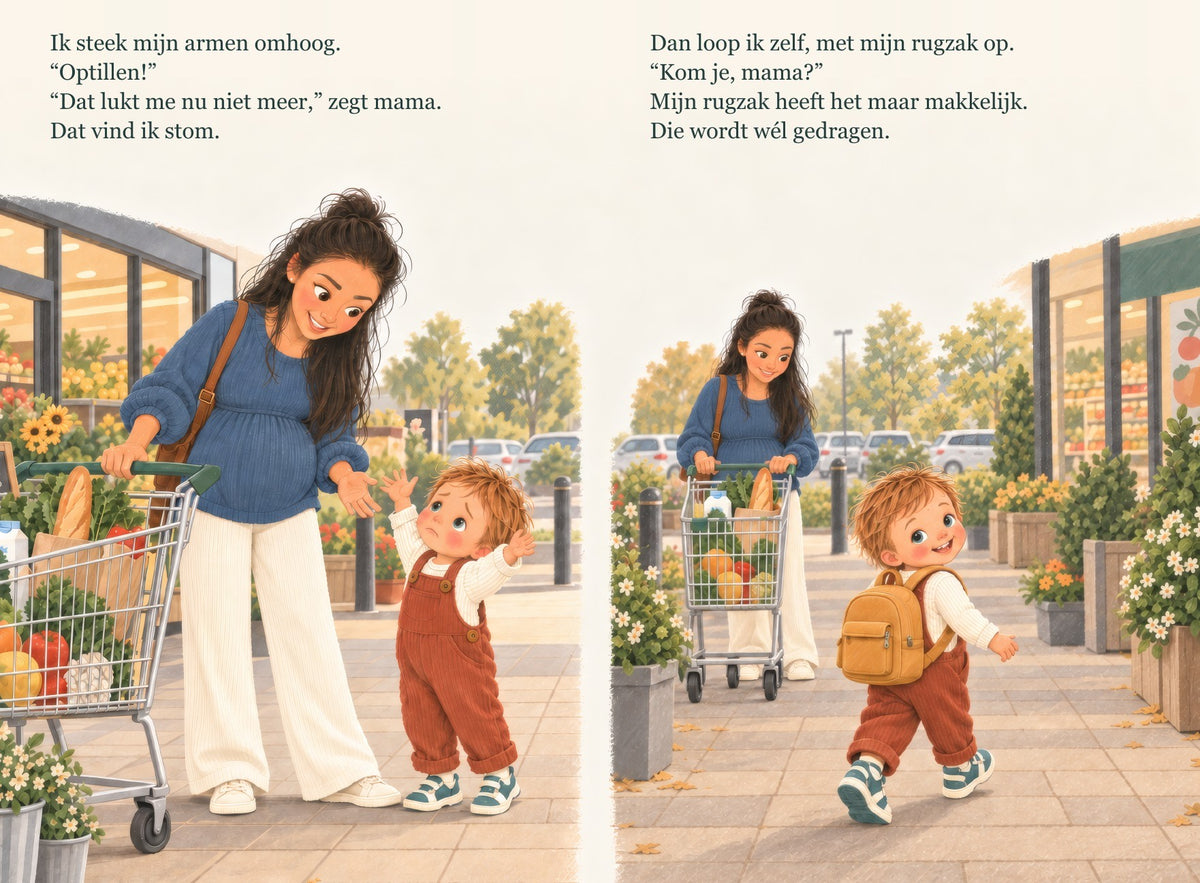 Inkijkpagina's: mama kan niet meer tillen en de grote broer loopt zelf met zijn rugzak